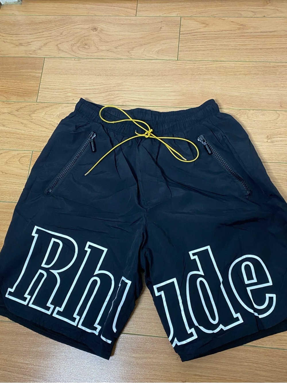 Rhude Black Athletic Shorts with White Logo and Yellow Drawstring #10